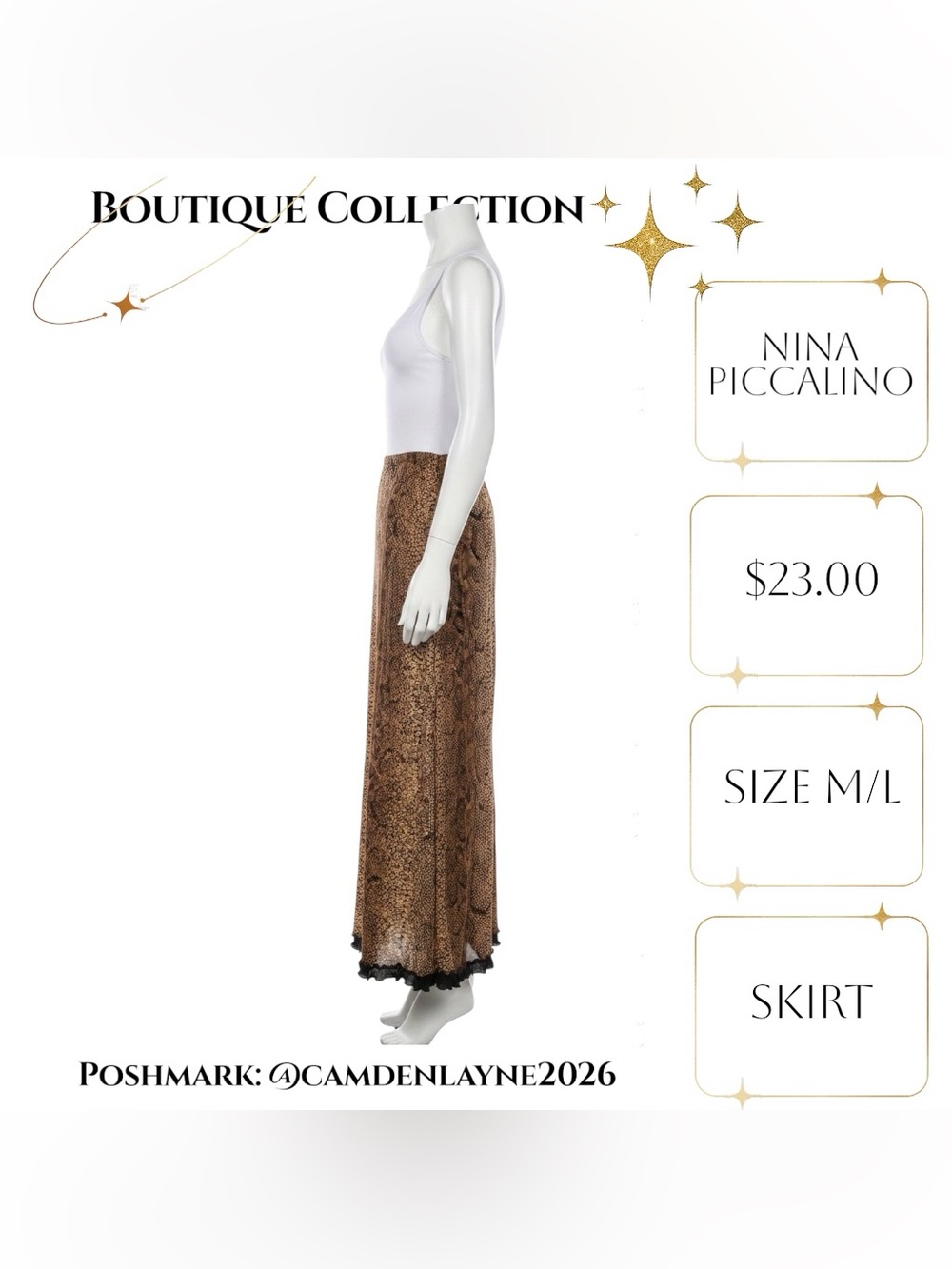 Nina Piccalino Brown Snake-Print Maxi Skirt with Black Lace Trim - Picture 7 of 9